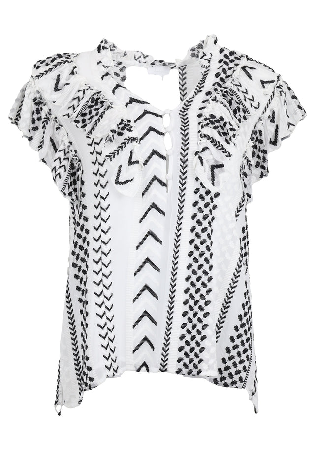 Pre-loved Top Tori - XS X-Stitch Kufiya Black & White - Soft flounces and intricate embroidery. She is Top Tori. Made... - 1/1